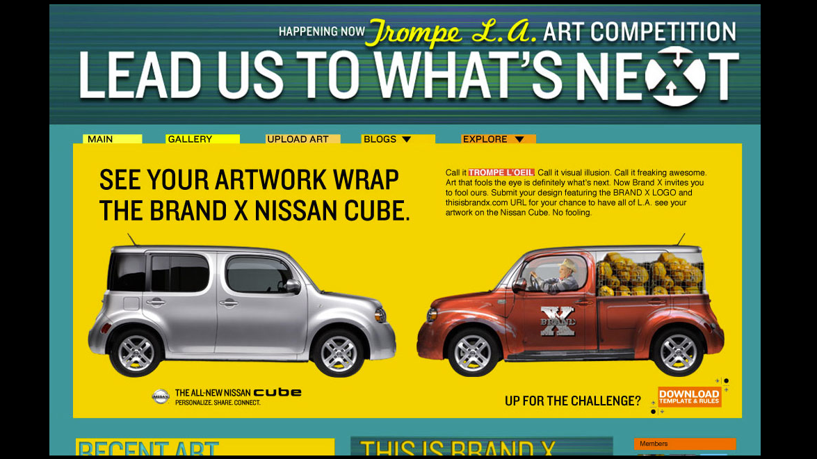 Interactive hero for BRAND X  Nissan Cube Tromple L'oeil competition landing page development
